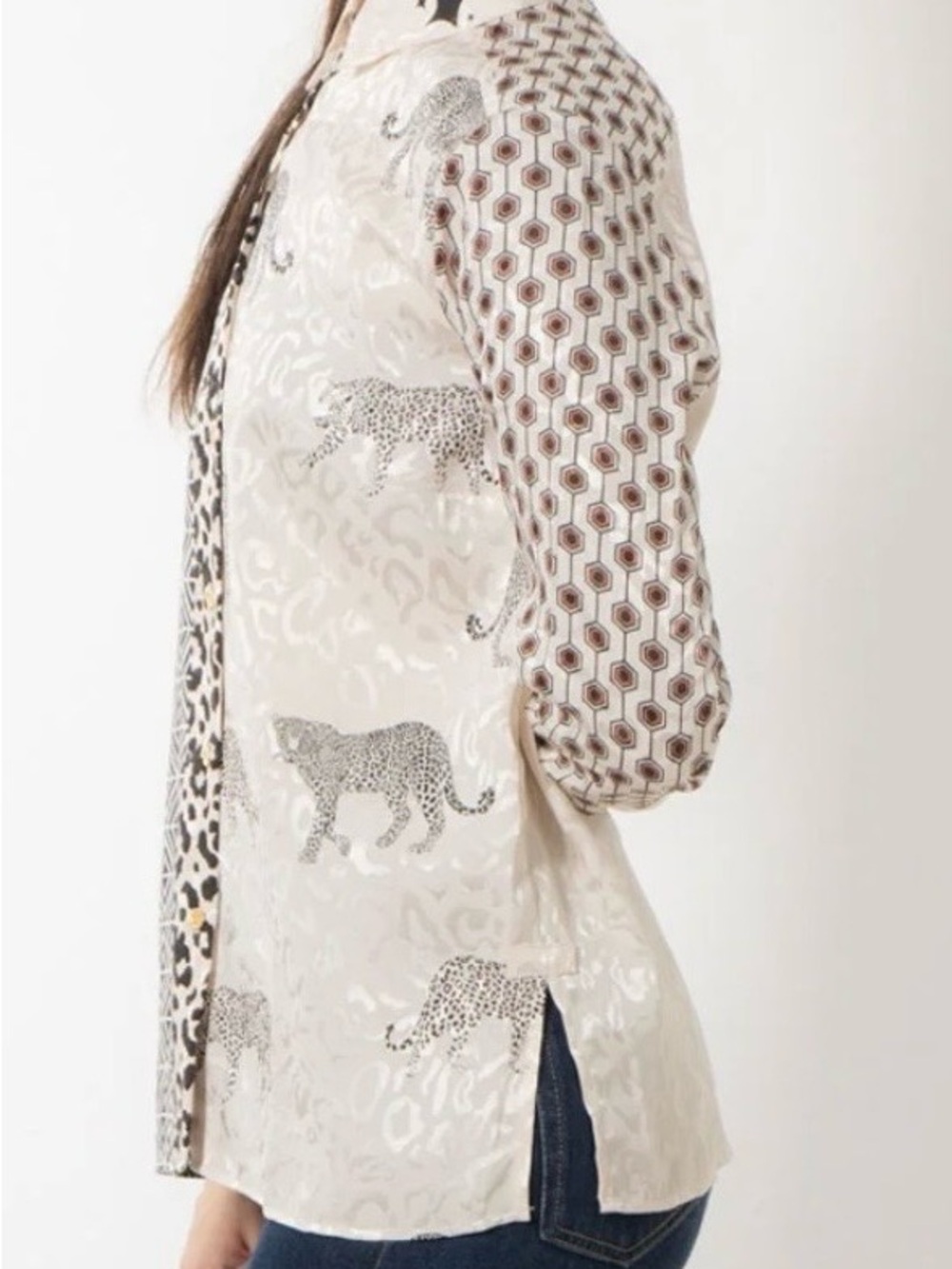 Vilagallo Mixed Print Leopard Butterfly Button-Up Blouse in Cream & Black - Picture 7 of 7